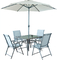 Полностью стальные на открытом воздухе обеденный стол и стулья установили с парасолем Солнца